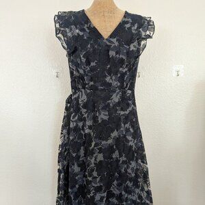 DKNY Navy Floral Waist Tie Midi Maxi Dress